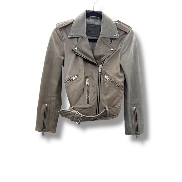 AllSaints Balfern Leather Biker Jacket Women's Size 0 Taupe Moto Fall Edgy‎ - Picture 3 of 16